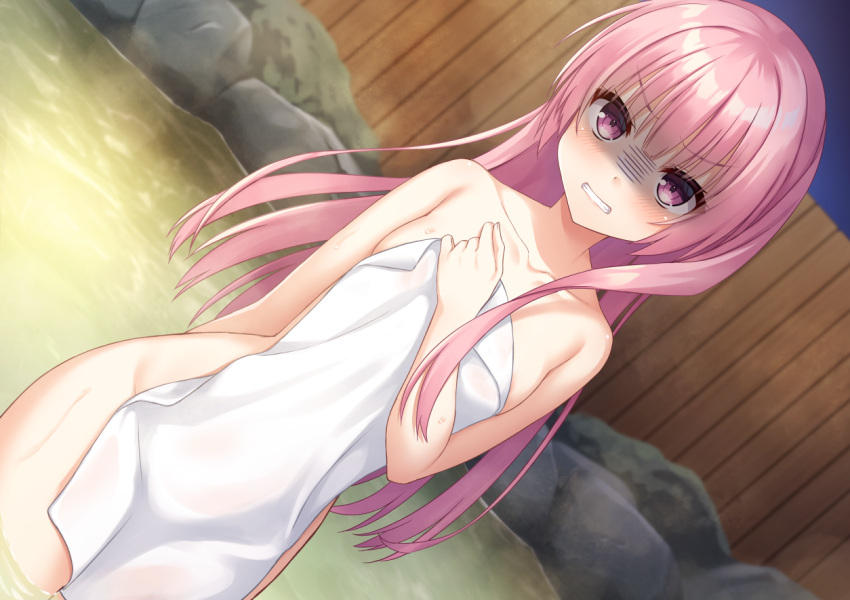 1girl angry arm_behind_back bare_shoulders bath bathing blush breasts clenched_teeth collarbone commentary_request covering_breasts covering_privates cowboy_shot dutch_angle eyelashes eyes_visible_through_hair frown groin gyaoo_yuzu_soft hair_between_eyes hair_down hand_up holding holding_towel long_hair looking_at_viewer mitsukasa_ayase nude_cover onsen paid_reward_available partial_commentary pink_eyes pink_hair purple_eyes riddle_joker rock shaded_face small_breasts solo straight_hair teeth towel v-shaped_eyebrows variant_set very_long_hair water