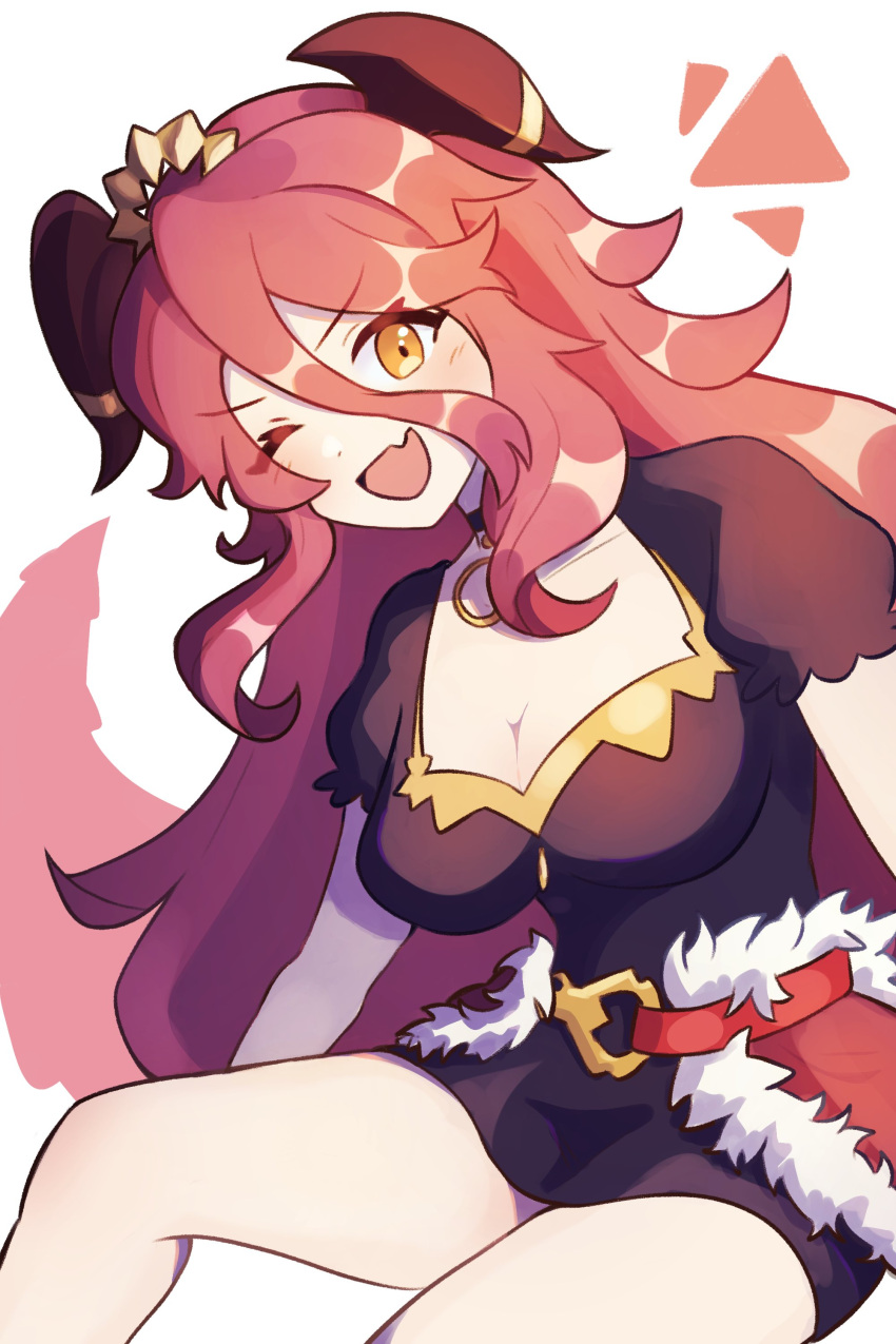 1girl ;d absurdres black_dress breasts cleavage dotpyenji dragalia_lost dragon_girl dragon_horns dragon_tail dress fang hair_between_eyes highres horns long_bangs long_hair looking_at_viewer mym_(dragalia_lost) one_eye_closed open_mouth red_hair short_sleeves skin_fang smile solo tail very_long_hair white_background yellow_eyes