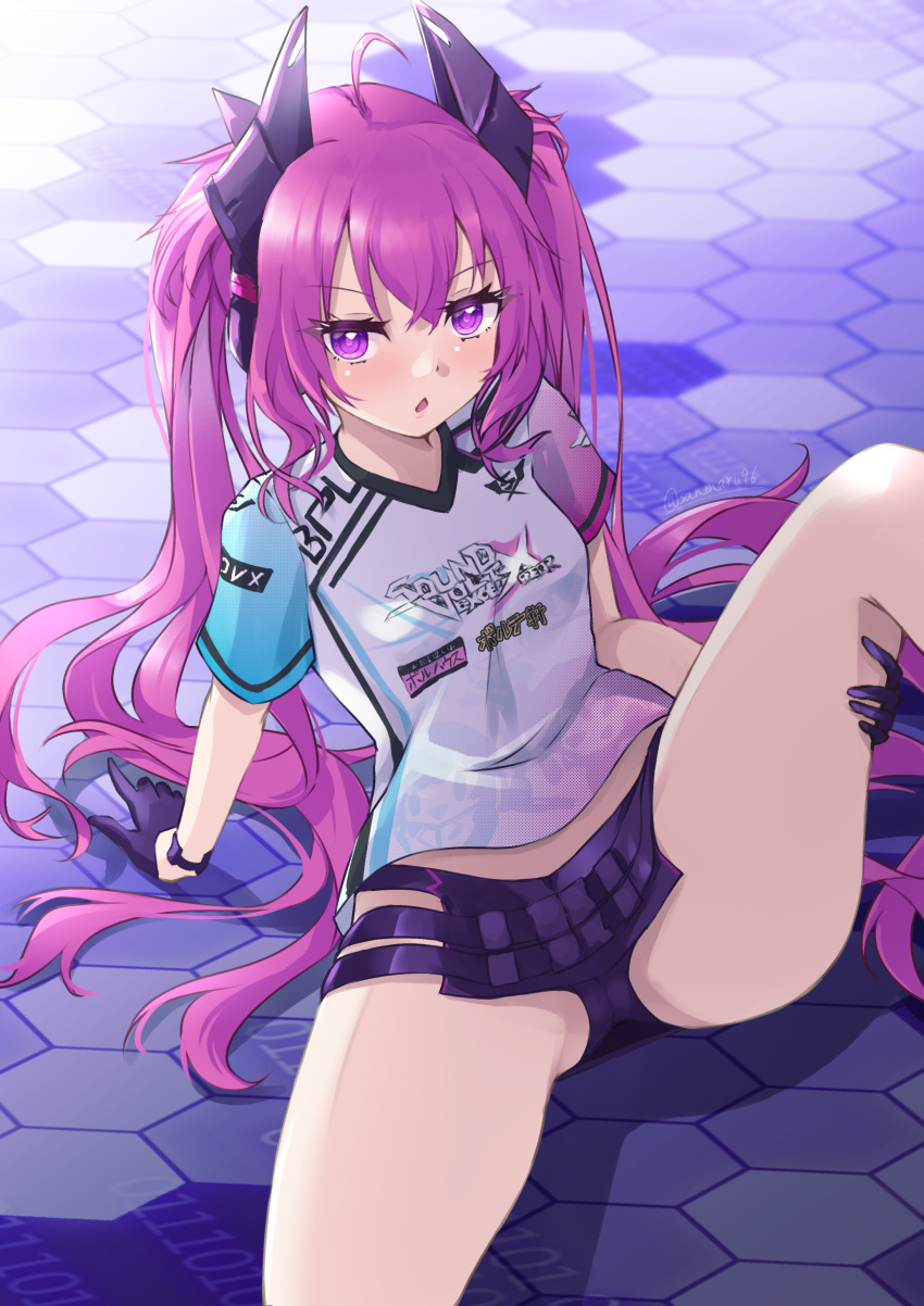 1girl absurdres ahoge belt black_panties gloves grace_(sound_voltex) hair_ornament highres hip_vent kuro_(be_ok) leg_lift long_hair open_mouth panties purple_eyes purple_hair shirt sitting solo sound_voltex t-shirt tagme thighs twintails underwear