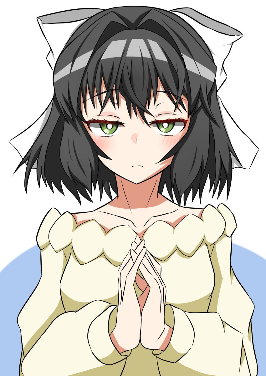1girl 9ma_(9matohibari) absurdres black_hair breasts eyebrows_hidden_by_hair green_eyes hair_ribbon highres kohinata_miku large_ribbon light_frown looking_at_viewer own_hands_clasped own_hands_together ribbon senki_zesshou_symphogear short_hair simple_background small_breasts solo sweater unamused upper_body white_ribbon white_sweater