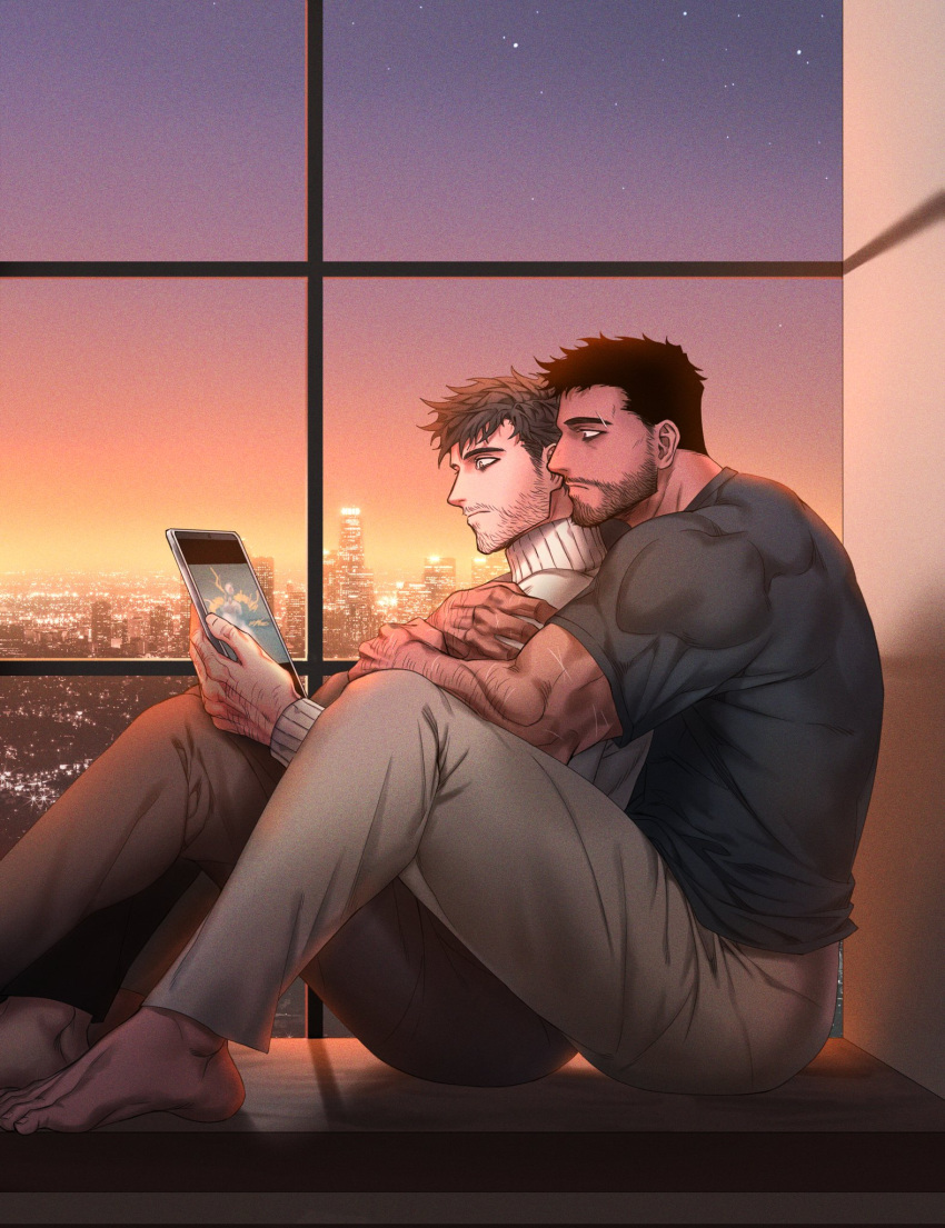 2boys bara barefoot beard black_hair brown_hair city cuddling dobek_k facial_hair hairy highres hug implied_yaoi male_focus manly mature_male multiple_boys muscular muscular_male original pants scar shirt short_hair sitting sky star_(sky) sunset tablet_pc thick_arms thick_eyebrows thick_thighs thighs window