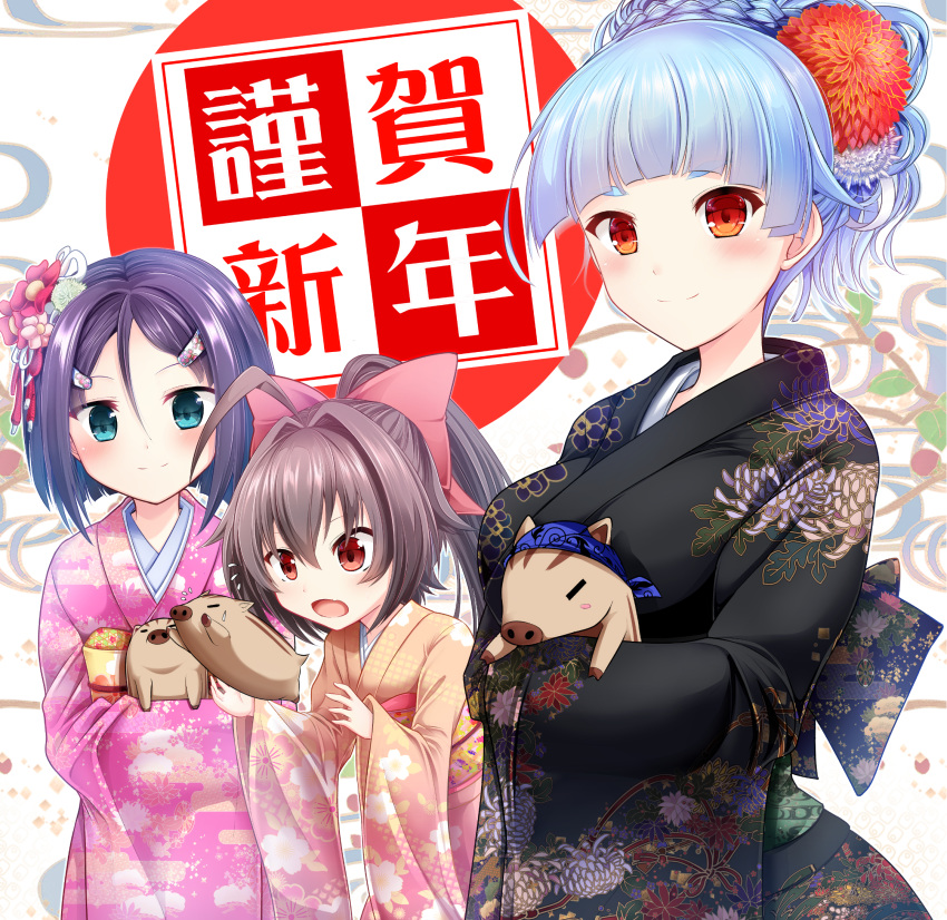 3girls alternate_hairstyle animal aqua_hair black_kimono blush braid brown_hair character_request closed_mouth commentary_request eyebrows_visible_through_hair floral_print flower furisode garter_straps hair_flower hair_intakes hair_ornament hair_ribbon hair_up hairclip hand_up highres holding holding_animal japanese_clothes kimono long_hair looking_at_viewer maritchi multiple_girls new_year open_mouth pink_kimono pink_ribbon print_kimono purple_hair red_eyes ribbon ring_dream sash sidelocks smile standing yellow_kimono yuki_onna_(ring_dream)