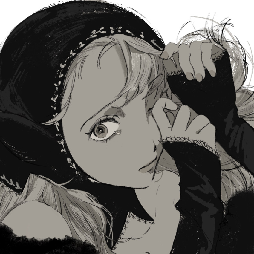 1girl asymmetrical_bangs bare_shoulders closed_mouth detached_hood detached_sleeves dress dungeon_meshi ear_covers floating_hair from_side greyscale hands_up hashtag_only_commentary highres hood hood_up lace-trimmed_sleeves lace_trim long_hair looking_at_viewer marcille_donato monochrome n_5rkgk official_alternate_costume one_eye_closed portrait sideways_glance simple_background sleeves_past_wrists solo spoilers tearing_up tears wiping_tears