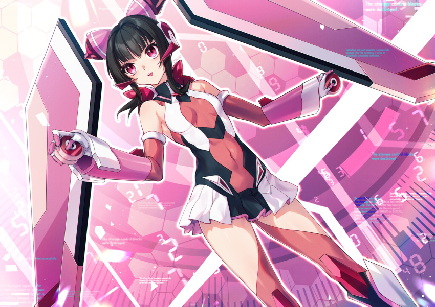 1girl black_hair breasts covered_navel elbow_gloves feet_out_of_frame frilled_skirt frills gloves headgear highres leotard long_bangs looking_ahead pink_eyes pink_thighhighs poichomo senki_zesshou_symphogear short_hair skin_tight skirt small_breasts smile solo symphogear_pendant teeth thighhighs tsukuyomi_shirabe upper_teeth_only
