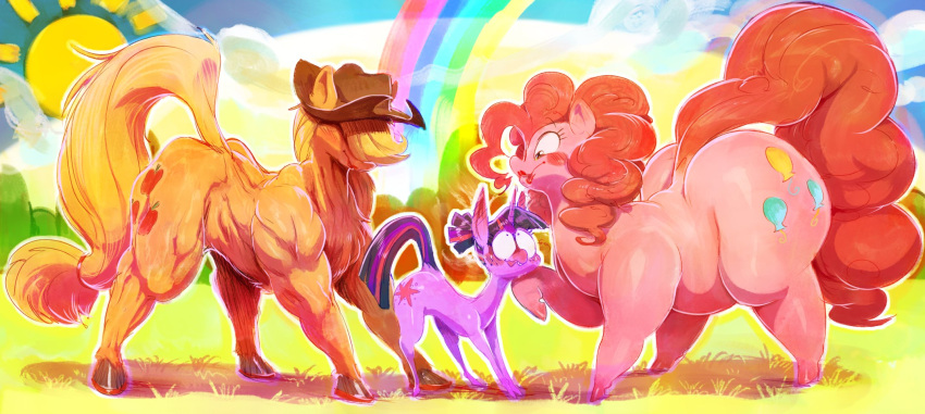 applejack_(mlp) big_butt blonde_hair blush butt clothing cowboy_hat earth_pony equid equine female feral friendship_is_magic group hair hair_over_eyes hasbro hat headgear headwear hi_res horn horse huge_butt mammal muscular muscular_female my_little_pony nervous nervous_smile orange_body outside overweight pink_body pink_hair pinkie_pie_(mlp) pony purple_body purple_hair rainbow size_difference sunibee thick_thighs trio twilight_sparkle_(mlp) unicorn