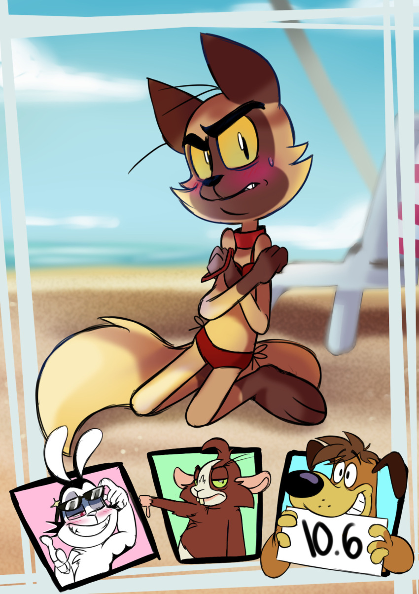 2018 8-bit-britt anthro beach bikini bikini_bottom bikini_top black_body black_ears black_eyes black_fur black_nose blush blush_lines bodily_fluids brown_body brown_ears brown_fur brown_hair brown_tail buckteeth bunnicula bunnicula_(series) canid canine canis caviid chair chester_(bunnicula) clothing cloud collar day digital_media_(artwork) domestic_cat domestic_dog eyebrows eyewear fangs felid feline felis finger_gun fur furniture gesture glasses green_eyes green_sclera group guinea_pig hair half-closed_eyes harold_(bunnicula) hi_res holding_object kneeling lagomorph leporid lifting_glasses long_ears looking_at_another lugosi_(bunnicula) male mammal multicolored_body multicolored_fur narrowed_eyes one_eye_closed one_eye_half-closed outside pink_ears rabbit raised_eyebrow red_bikini red_bikini_bottom red_bikini_top red_clothing red_collar red_eyes red_sclera red_swimwear rodent sand sea seaside sharp_teeth shy sign smile sunglasses sweat swimwear tail teeth thumbs_down two_tone_body two_tone_fur vampire water white_body white_fur white_nose wink yellow_sclera