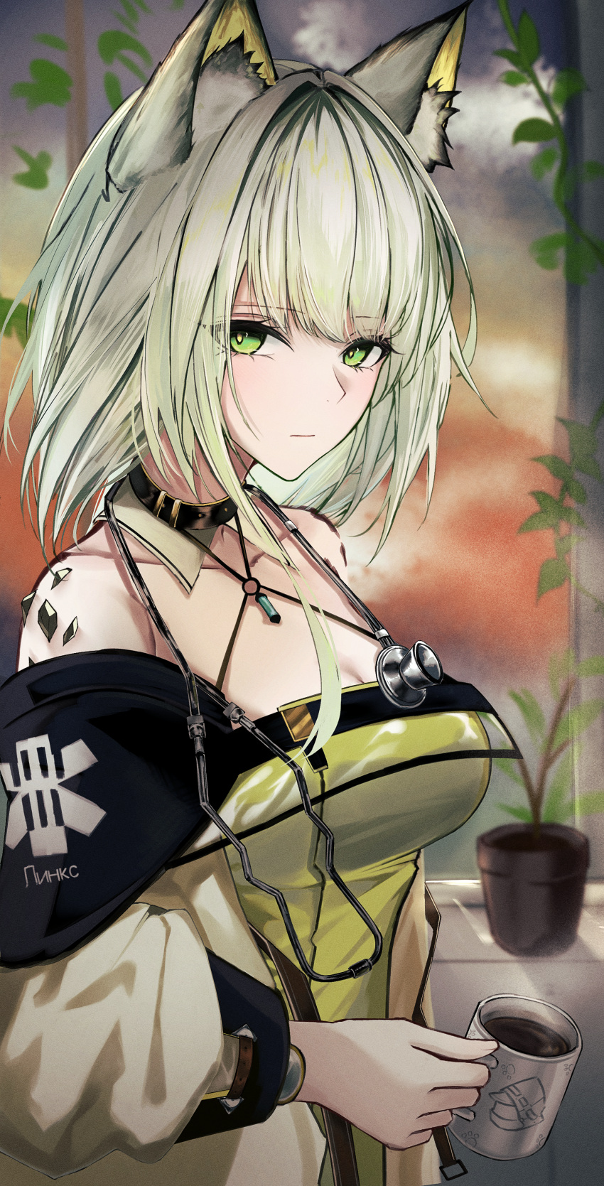1girl absurdres animal_ear_fluff animal_ears arknights bare_shoulders breasts cat_ears cat_girl cleavage closed_mouth commentary cup dress green_dress green_eyes green_hair highres holding holding_cup kal'tsit_(arknights) large_breasts long_hair long_sleeves looking_at_viewer mo_komo_momo off_shoulder oripathy_lesion_(arknights) plant potted_plant single_sidelock sleeveless sleeveless_dress solo stethoscope upper_body watch wristwatch