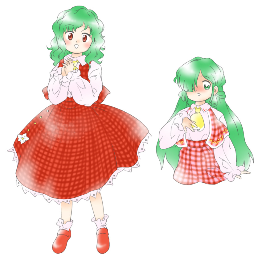 2girls :d ascot collared_shirt dual_persona flower green_eyes green_hair hair_over_one_eye hands_up interlocked_fingers kazami_yuuka kazami_yuuka_(pc-98) long_hair long_sleeves looking_at_viewer medium_hair multiple_girls nonamejd official_style open_clothes open_vest plaid plaid_skirt plaid_vest red_eyes red_footwear red_skirt red_vest shirt shoes simple_background skirt smile socks touhou touhou_(pc-98) vest wavy_hair white_background white_flower white_shirt white_socks yellow_ascot zun_(style)