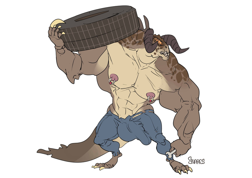 abs anthro balls biceps big_balls big_bulge big_penis broad_shoulders bulge carrying claws clothed clothing deathclaw erection fallout holding_object holding_tool horn hyper hyper_muscles jakob looking_at_viewer male mechanic muscular muscular_male nipple_piercing nipples pants pecs penis piercing simple_background snares_lion solo standing tire tools topless torn_clothing torn_pants video_games white_background wrench