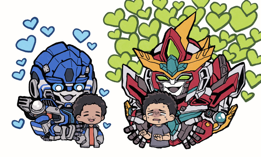 4boys absurdres ao_isami autobot black_hair blue_heart blue_sclera bravern brown_hair chibi colored_sclera crossover curly_hair dark-skinned_male dark_skin drooling facial_hair green_eyes green_heart_(neptunia) hands_in_pockets heart highres kagetsu74 male_focus mecha mirage_(transformers) multiple_boys robot shirt super_robot t-shirt tears trait_connection transformers transformers:_rise_of_the_beasts transformers_(live_action) v-fin yuuki_bakuhatsu_bang_bravern