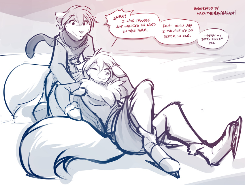 2017 anthro canine chest_tuft clothed clothing dialogue digitigrade duo english_text eyes_closed falling female hi_res ice_skates ice_skating keidran laugh lying male mammal mittens monochrome on_back raine_(twokinds) scarf sketch smile text tom_fischbach tuft twokinds webcomic winter wolf zen_(twokinds)