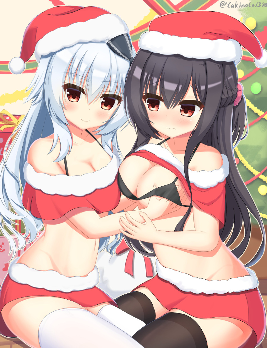 2girls absurdres alternate_costume bare_shoulders black_bra black_hair black_thighhighs blue_hair blush bra braid breasts christmas christmas_tree cleavage closed_mouth collarbone commentary_request cowboy_shot crossover curvy eyes_visible_through_hair french_braid frown grabbing grabbing_another's_breast groin hair_between_eyes halterneck hamidashi_creative hat highres indoors kamakura_shio large_breasts light_blue_hair long_hair looking_at_another madosoft miniskirt multiple_girls narumi_toa red_eyes red_skirt santa_costume santa_hat short_ponytail sidelocks skirt smile thighhighs twitter_username underwear very_long_hair wagamama_high_spec white_thighhighs yukinoto1390 yuri zettai_ryouiki