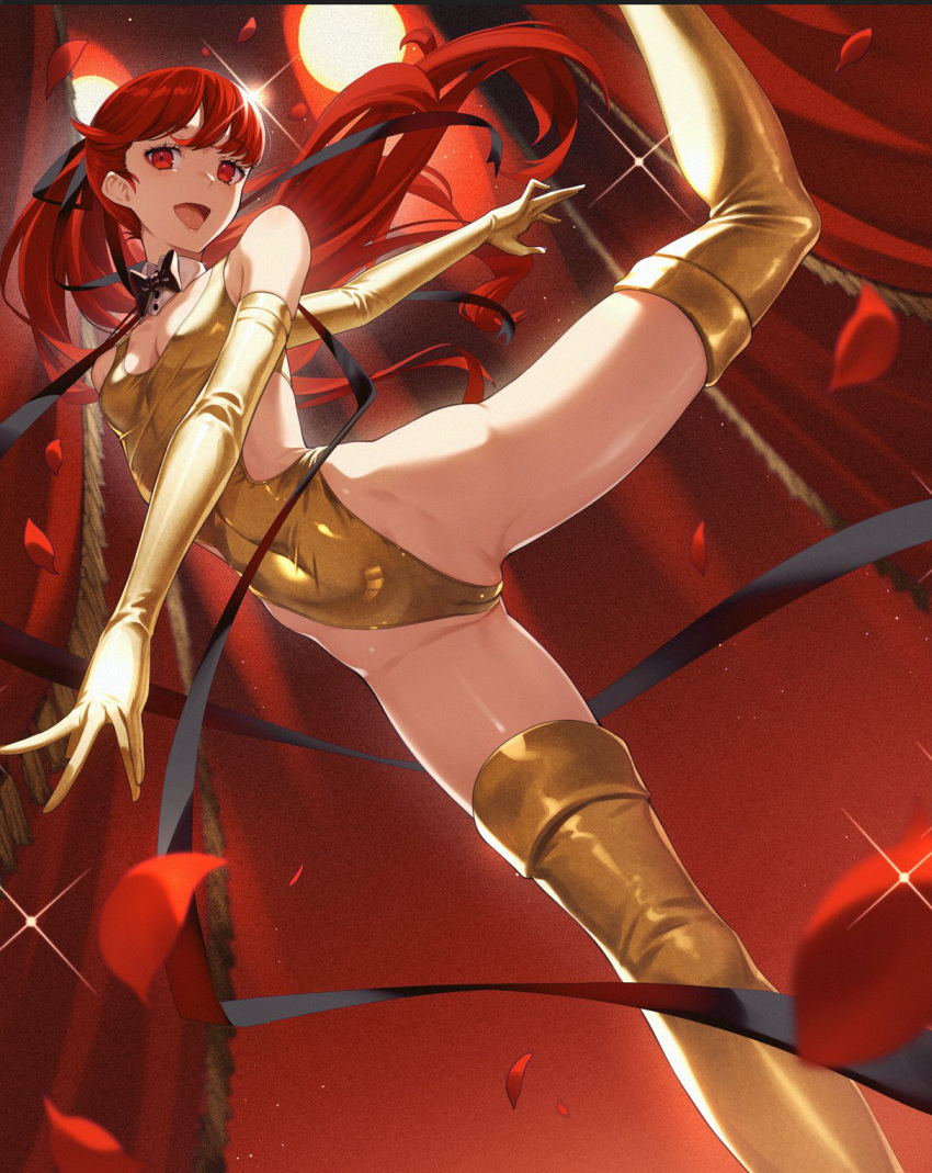 1girl black_bow black_bowtie black_ribbon boots bow bowtie breasts cameltoe cluseller commentary curtains detached_collar elbow_gloves gloves hair_ribbon highleg highleg_leotard highres leg_up leotard long_hair looking_at_viewer open_mouth persona persona_5 persona_5_the_royal petals ponytail red_eyes red_hair ribbon small_breasts smile solo symbol-only_commentary thigh_boots yellow_footwear yellow_gloves yellow_leotard yoshizawa_kasumi