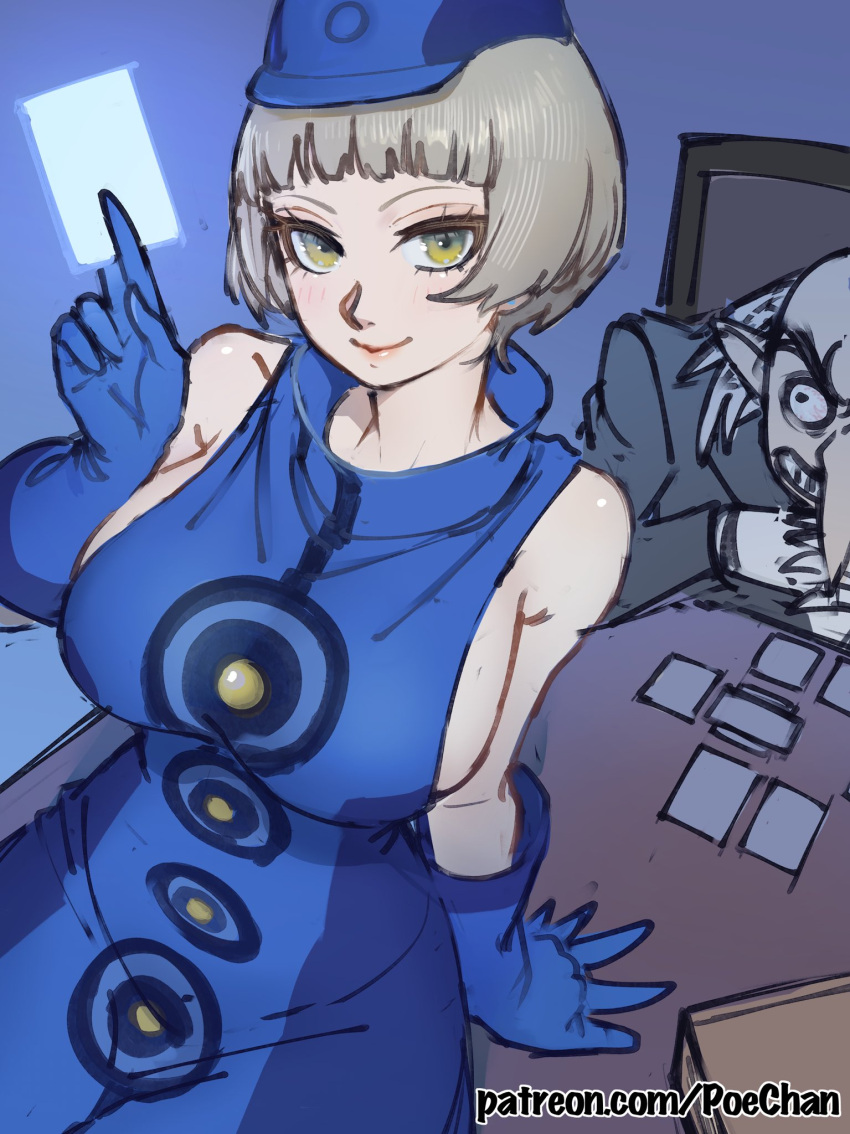 arm_support bald between_fingers blonde_hair blue_dress blue_gloves blue_headwear breasts card card_between_fingers dress elizabeth_(persona) field_cap gloves glowing_card grin highres holding igor_(persona) long_nose looking_at_viewer persona persona_4 poechan_chan pointy_ears short_hair sideboob sitting sitting_on_table sleeveless sleeveless_dress smile velvet_room white_hair yellow_eyes