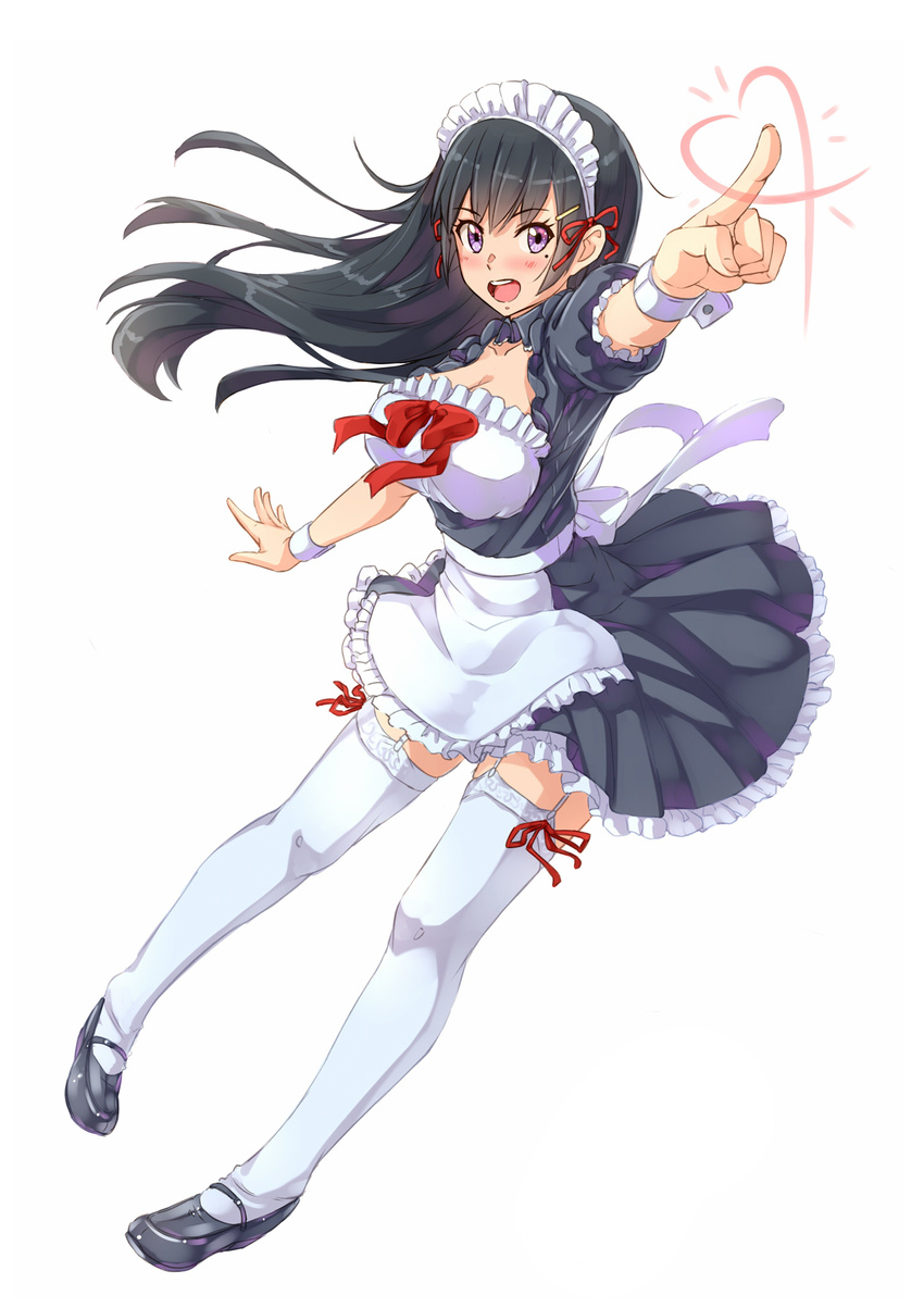 alternate_costume apron black_dress black_hair dress enmaided frills garter_straps highres kazeno long_hair looking_at_viewer maid maid_headdress mole mole_under_eye open_mouth original pointing puffy_short_sleeves puffy_sleeves purple_eyes short_sleeves simple_background solo thighhighs waist_apron white_background white_legwear wrist_cuffs