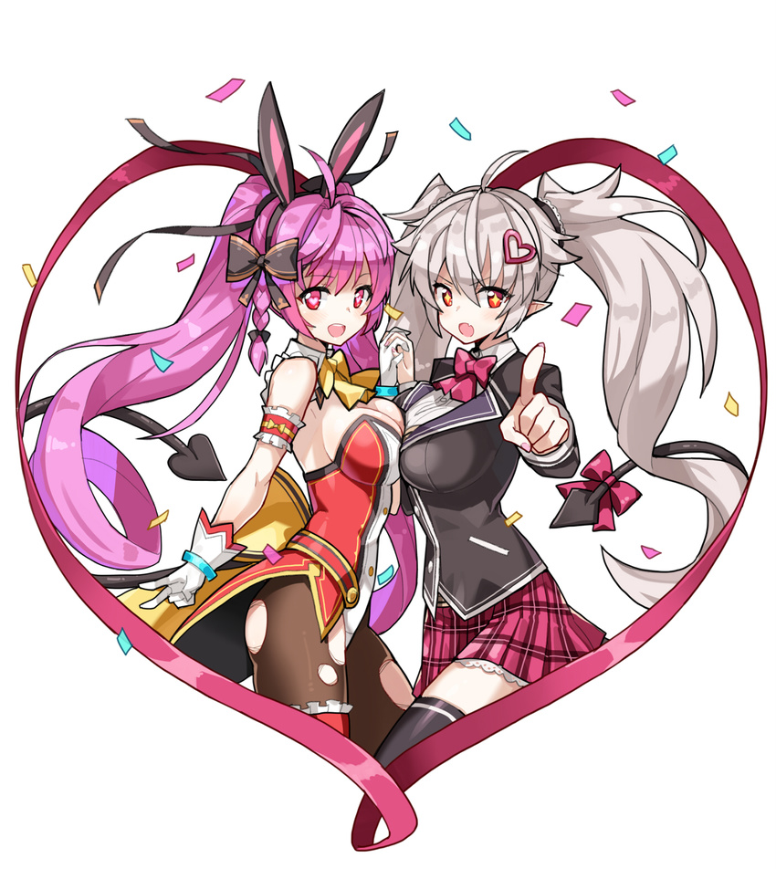 2girls ahoge animal_ears bare_shoulders black_daisy_(soccer_spirits) black_ivy_(soccer_spirits) blush braid breast_press breasts bunny_ears bunnysuit daisy demon_girl demon_tail fang gloves hair_bow hairband heart heart-shaped_pupils ivy_(soccer_spirits) large_breasts long_hair looking_at_viewer multiple_girls open_mouth pantyhose pointy_ears purple_eyes purple_hair red_eyes school_uniform serin199 shiny shiny_hair silver_hair skirt smile tail thigh_strap thighhighs torn_clothes torn_pantyhose twintails very_long_hair