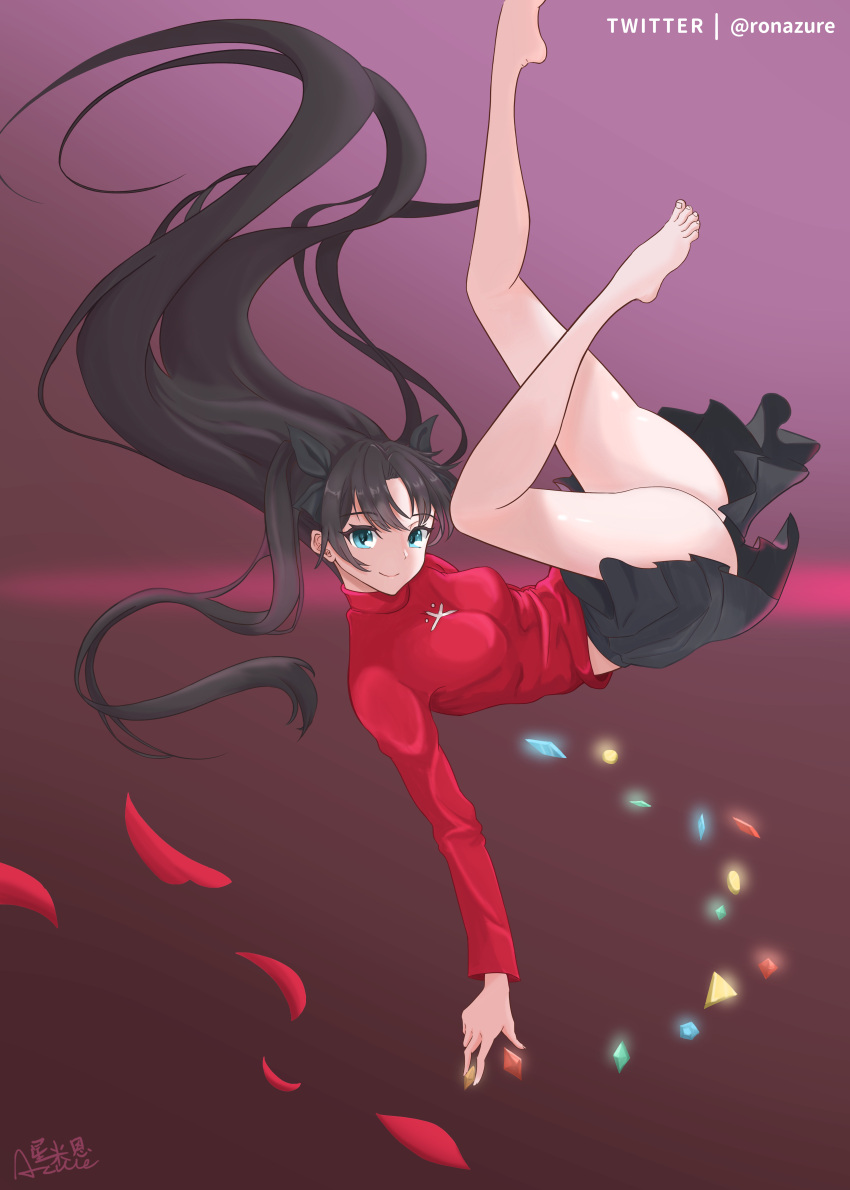 1girl absurdres ass bare_legs barefoot black_hair black_ribbon bow breasts commentary_request crystal falling fate/stay_night fate_(series) floating_hair green_eyes hair_bow hair_ribbon highres long_hair long_legs long_sleeves medium_breasts miniskirt no_legwear petals pink_background pleated_skirt red_sweater ribbon rose_petals signature skirt smile solo sweater tohsaka_rin twintails twitter_username two_side_up xing_mi'en