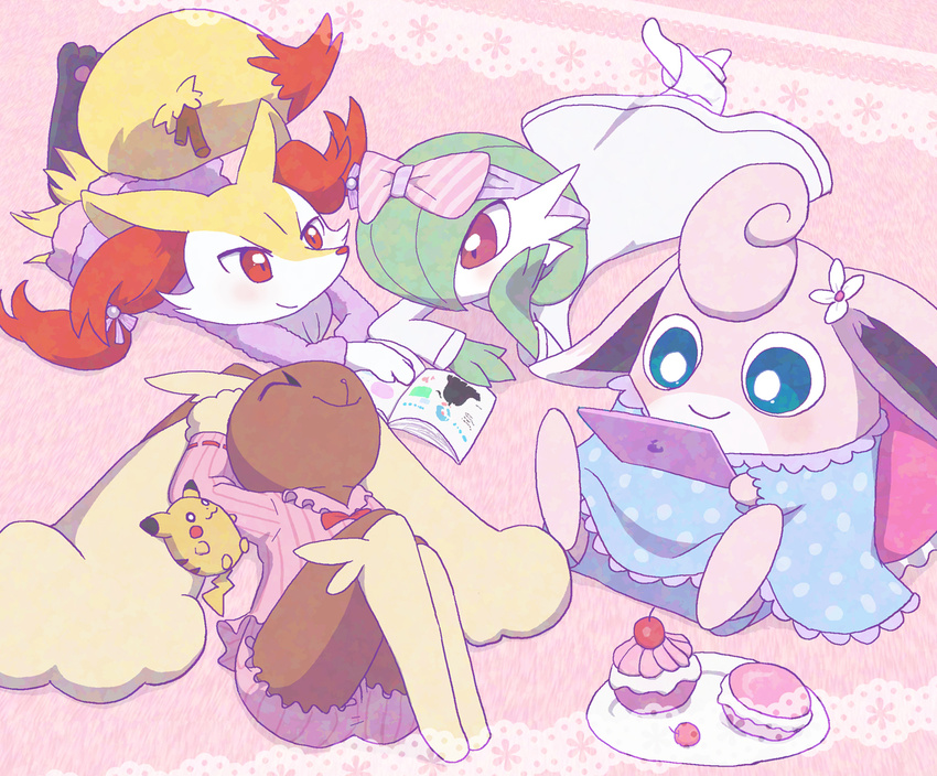 4girls alternate_color animal_ears blue_eyes blush book bow braixen bunny_ears chin_rest cupcake doll enohito eyes_closed feet female flower food fox_ears fox_tail full_body gardevoir green_hair hair_bow hair_flower hair_over_one_eye happy headband ipad long_sleeves looking_down lopunny lying mega_gardevoir mega_pokemon multiple_girls no_humans on_back on_stomach open_book pajamas paws pikachu pink_background pink_bow plate pokemon pokemon_(creature) pokemon_dppt pokemon_rgby pokemon_rse pokemon_xy ribbon_trim shiny_pokemon short_hair simple_background sitting smile stick tail white_flower wigglytuff