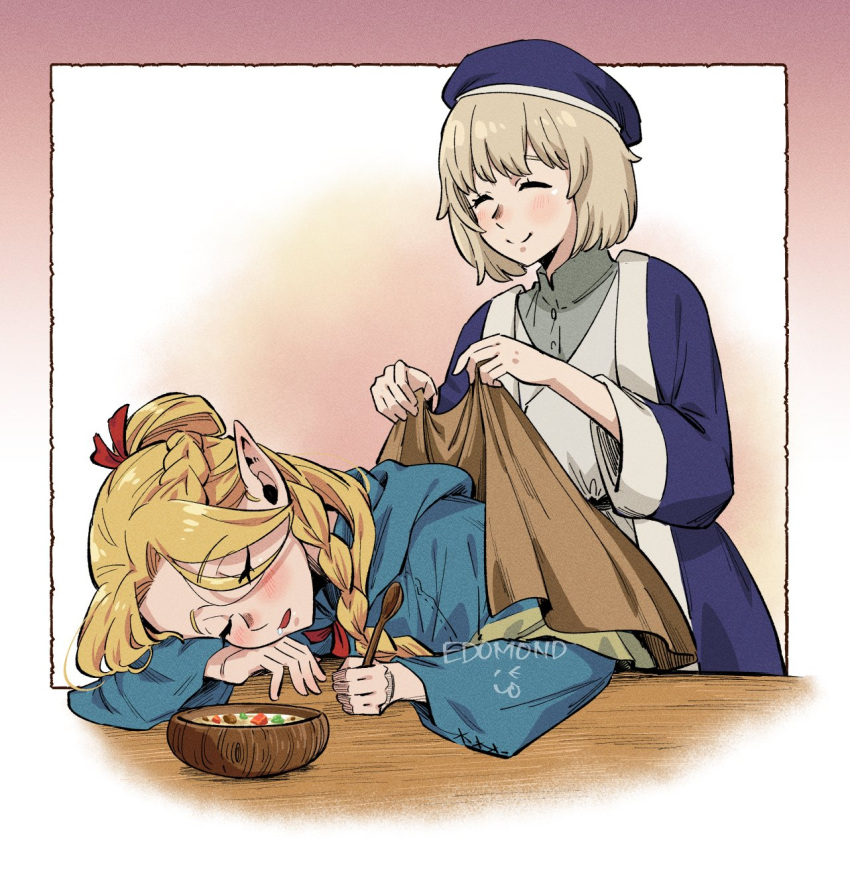 2girls blonde_hair blush braid closed_eyes dungeon_meshi edomon-do falin_thorden hat highres marcille_donato multiple_girls pointy_ears robe short_hair sleeping smile