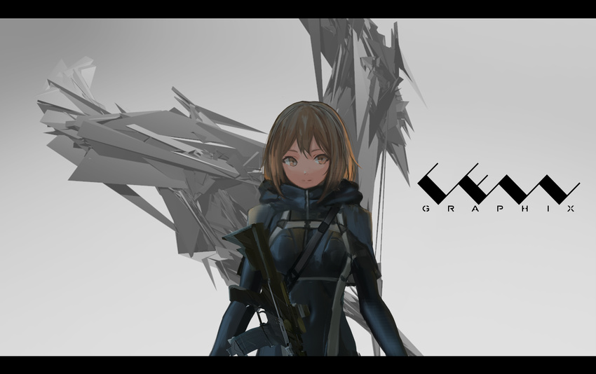 bad_id bad_pixiv_id bodysuit brown_eyes brown_hair cancell covered_navel gradient gradient_background gun highres hood hood_down looking_to_the_side original rifle science_fiction short_hair solo standing upper_body weapon