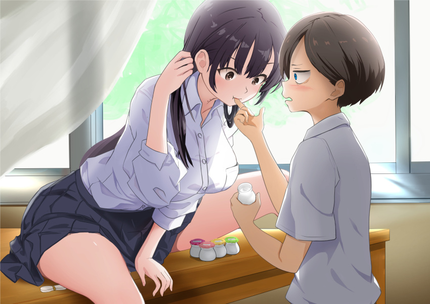 1boy 1girl :t adjusting_hair backlighting black_hair black_skirt blue_eyes blush boku_no_kokoro_no_yabai_yatsu bottle breasts brown_eyes brown_hair collared_shirt commentary_request cowboy_shot day dress_shirt finger_in_another's_mouth from_side gibun_(sozoshu) hair_between_eyes hand_up hands_up hetero highres holding holding_bottle ichikawa_kyoutarou indoors jitome large_breasts leaning_forward long_hair long_sleeves looking_at_another miniskirt mole mole_on_neck pleated_skirt profile shirt short_hair short_sleeves sitting skirt thighs tsurime white_shirt wide-eyed window yamada_anna
