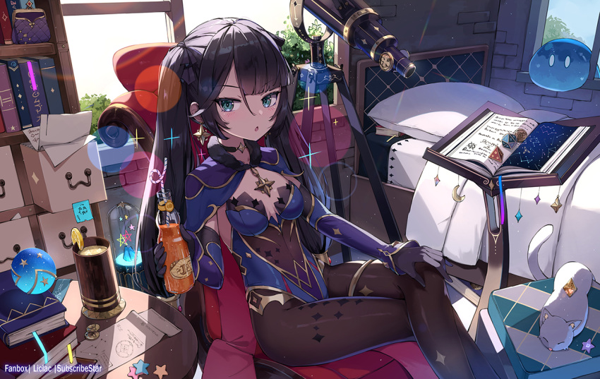 1girl black_gloves black_hair black_pantyhose black_ribbon blue_capelet blue_eyes blue_leotard blush bodystocking book bookmark bookshelf bottle breasts capelet commentary_request constellation crazy_straw crossed_legs cup day detached_sleeves drinking_straw feet_out_of_frame food fruit genshin_impact gloves glowing hair_ribbon holding holding_bottle indoors lemon lemon_slice leotard liclac long_hair long_sleeves looking_at_viewer mona_(genshin_impact) on_chair open_book orb pantyhose parted_bangs parted_lips purple_sleeves ribbon sitting slime_(genshin_impact) small_breasts solo star_(symbol) telescope twintails v-shaped_eyebrows very_long_hair window