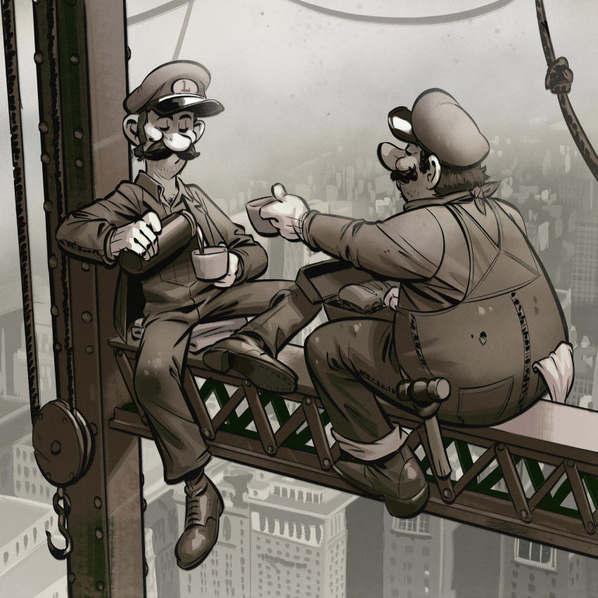 2boys absurdres angusburgers beard_stubble big_nose brothers city construction_site crane_(machine) cup facial_hair gloves greyscale hammer hat highres holding holding_cup hook i-beam luigi mario mario_(series) monochrome multiple_boys mustache overalls siblings sitting smile steel_beam stubble thermos