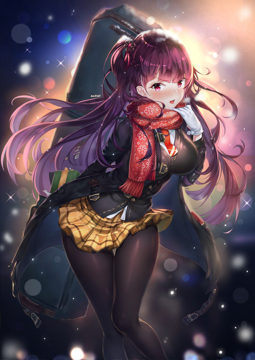 alternate_costume arm_behind_back arm_up artist_name bangs belt black_gloves black_legwear blazer blunt_bangs blush breasts breath brown_hair brown_skirt buckle coat commentary_request eyebrows_visible_through_hair eyes_visible_through_hair floating_hair gift girls_frontline gloves hair_ribbon highres holding holding_gift holding_scarf jacket large_breasts leaning_forward long_hair looking_at_viewer mid-stride narae necktie night night_sky one_side_up open_clothes open_coat open_mouth pantyhose pleated_skirt purple_hair red_eyes red_neckwear red_scarf ribbon scarf skirt sky snowflake_print solo sparkle standing thigh_gap very_long_hair wa2000_(girls_frontline) weapon_bag wind wind_lift