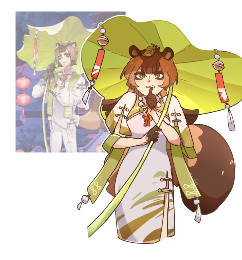 animal_ears animal_humanoid asian_clothing bell canid canid_humanoid canine canine_humanoid clothing crossgender dress east_asian_clothing female hi_res humanoid joydoesathing male mammal mammal_humanoid mtf_crossgender nu:_carnival plant solo tail tanuki_(nu:_carnival) tanuki_humanoid