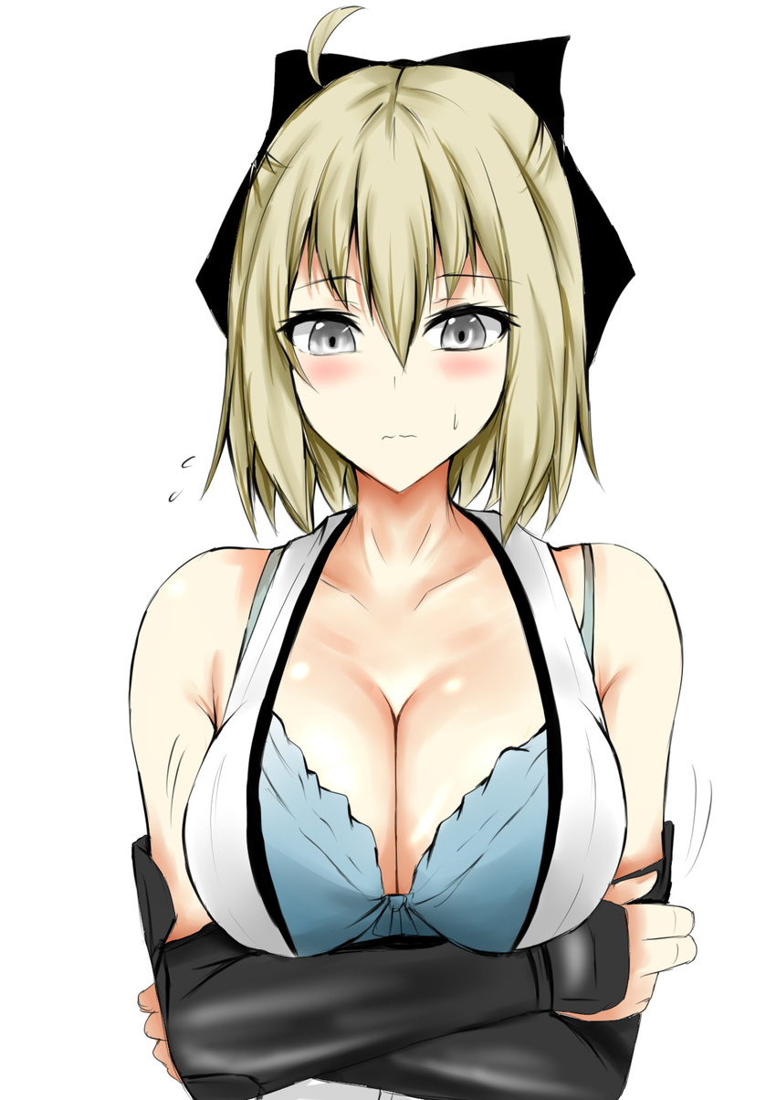 ahoge black_bow blonde_hair blush bow breasts cleavage closed_mouth collarbone commentary_request eyebrows_visible_through_hair fate/grand_order fate_(series) hair_bow highres isshii13 japanese_clothes kimono large_breasts looking_at_viewer okita_souji_(fate) okita_souji_(fate)_(all) short_hair short_kimono simple_background sleeveless sleeveless_kimono solo sweatdrop upper_body