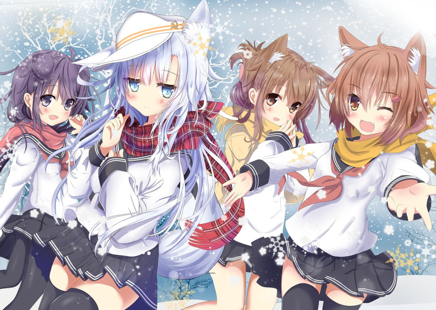 ;d ahoge akatsuki_(kantai_collection) animal_ears aruka_(alka_p1) ass_visible_through_thighs bangs black_legwear black_skirt blue_eyes blue_hair brown_eyes brown_hair brown_neckwear brown_scarf cat_ears closed_mouth commentary_request day dog_ears eyebrows_visible_through_hair fang fingers_together flat_cap folded_ponytail fringe_trim hair_between_eyes hair_ornament hairclip hammer_and_sickle hat hibiki_(kantai_collection) ikazuchi_(kantai_collection) inazuma_(kantai_collection) kantai_collection long_hair long_sleeves looking_at_viewer multiple_girls neckerchief no_hat no_headwear one_eye_closed open_mouth outdoors pantyhose plaid plaid_scarf pleated_skirt purple_eyes purple_hair red_neckwear red_scarf scarf school_uniform serafuku shirt short_hair skirt sleeves_past_wrists smile snow snowflakes snowing star tail thighhighs verniy_(kantai_collection) very_long_hair white_hat white_shirt wolf_ears wolf_girl wolf_tail yellow_scarf zettai_ryouiki