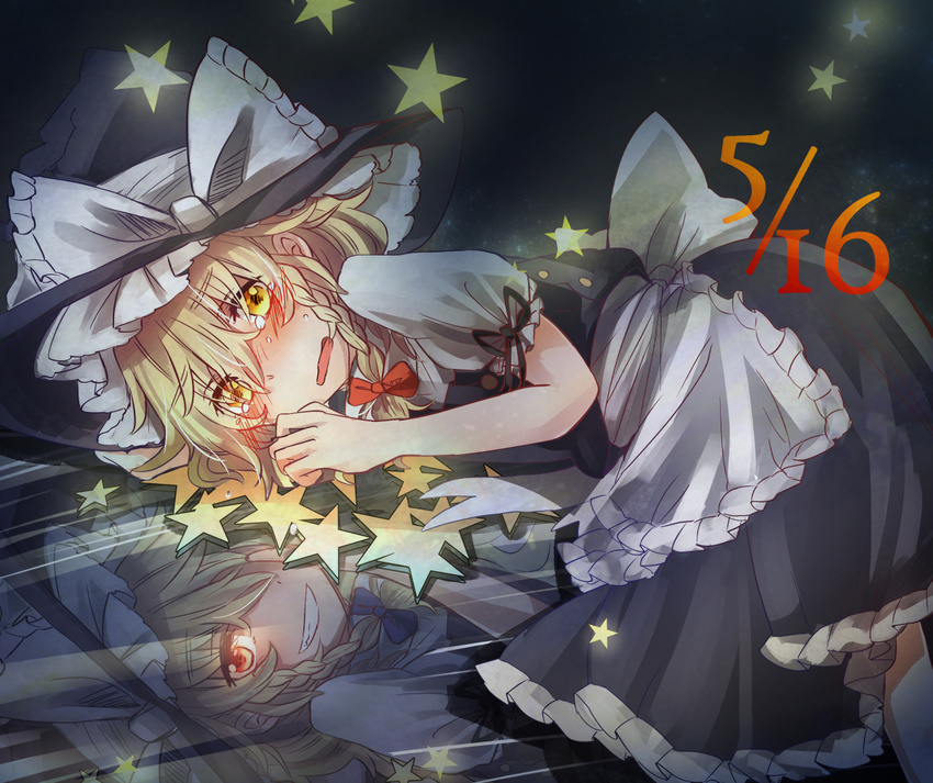 apron blonde_hair braid crying dark_persona different_reflection evil_smile grin hair_over_one_eye hair_ribbon hat kirisame_marisa lying on_side red_eyes reflection ribbon short_hair sky smile star tears tigern touhou witch_hat yellow_eyes