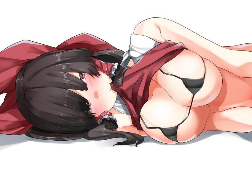 bikini black_bikini black_hair blush bow breasts brown_eyes commentary_request hair_bow hair_tubes hakurei_reimu highres kz_oji large_breasts looking_at_viewer lying micro_bikini mouth_hold on_side red_bow shirt_lift simple_background solo swimsuit touhou white_background