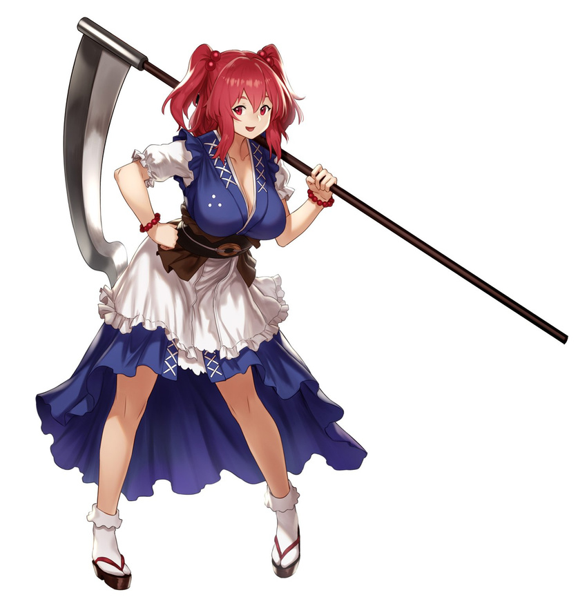 bracelet breasts cleavage commentary full_body hair_bobbles hair_ornament hand_on_hip highres holding holding_scythe houtengeki japanese_clothes jewelry large_breasts looking_at_viewer onozuka_komachi open_mouth puffy_short_sleeves puffy_sleeves red_eyes red_hair sandals scythe short_sleeves simple_background smile socks solo standing touhou two_side_up white_background white_legwear