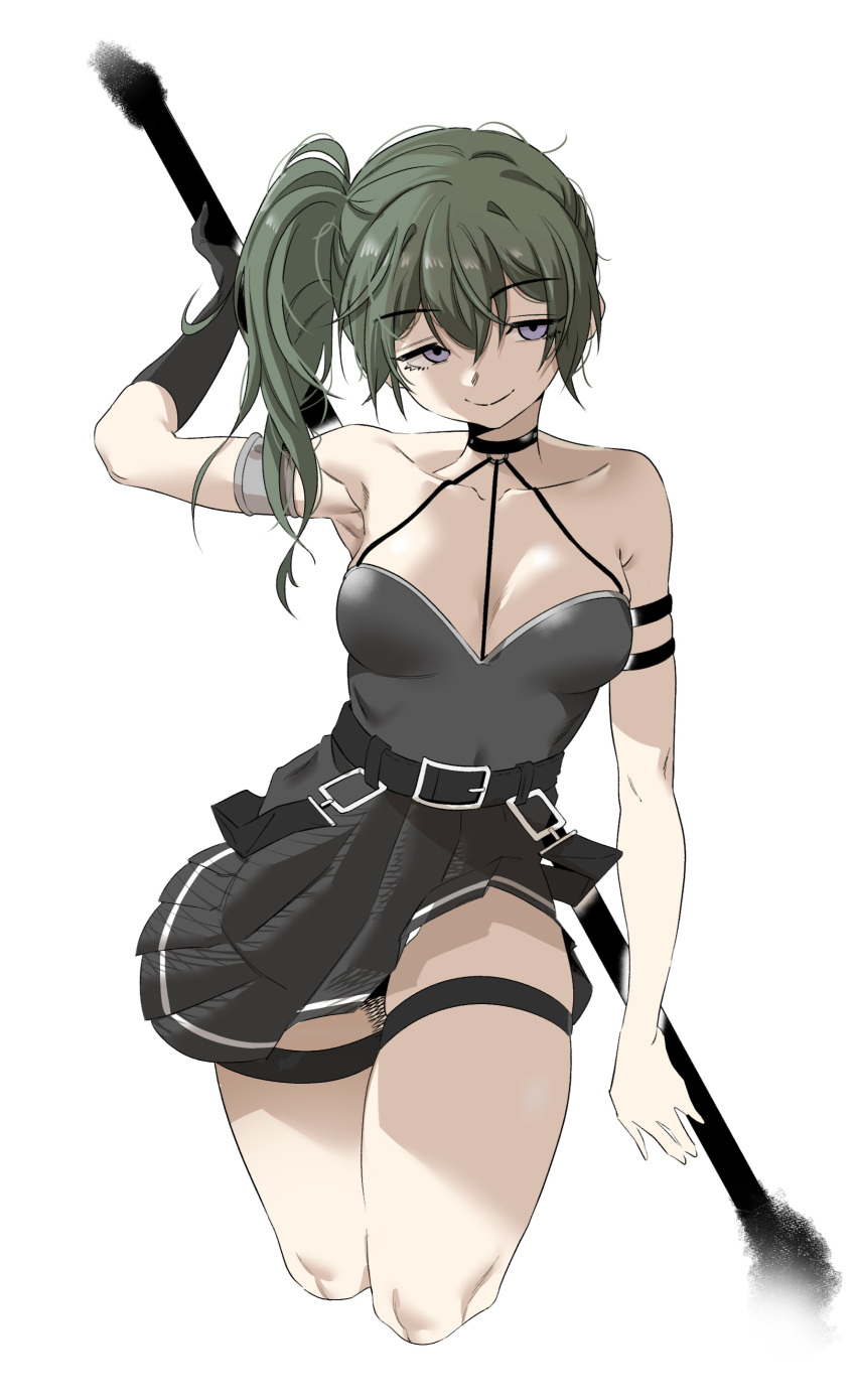 1girl absurdres arm_behind_back armpits bad_arm bare_arms bare_legs belt black_belt black_choker breasts choker cleavage closed_mouth collarbone cropped_legs dress floating green_hair grey_dress hair_between_eyes highres looking_at_viewer mangpum_(taro109210) medium_breasts polearm purple_eyes side_ponytail simple_background smile solo sousou_no_frieren thigh_strap thighs ubel_(sousou_no_frieren) weapon white_background