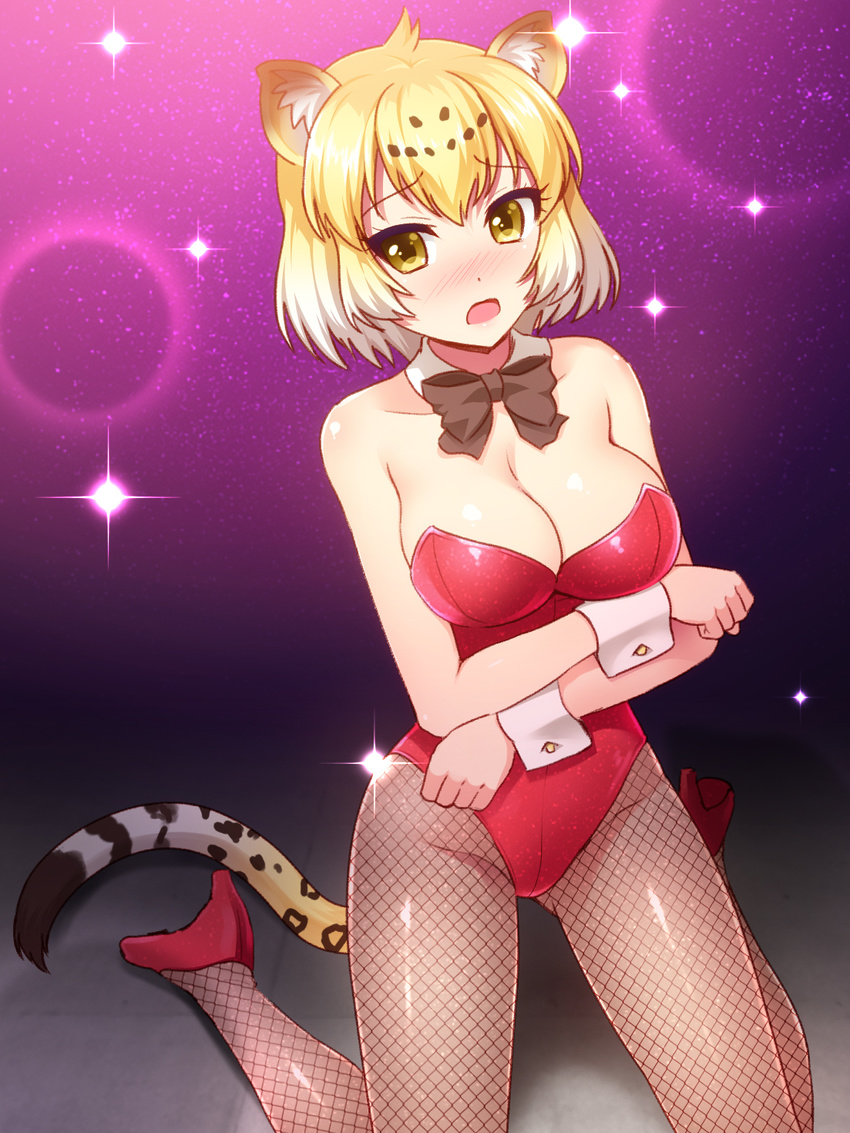 animal_ears bare_shoulders blonde_hair blush bow bowtie breasts brown_neckwear commentary_request detached_collar eyebrows_visible_through_hair fishnet_pantyhose fishnets high_heels highres jaguar_(kemono_friends) jaguar_ears jaguar_print jaguar_tail kemono_friends kneeling large_breasts leotard looking_at_viewer no_bra open_mouth pantyhose playboy_bunny_leotard red_footwear red_leotard short_hair solo tail totokichi wrist_cuffs yellow_eyes