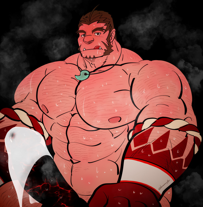 1boy :q absurdres alternate_pectoral_size bara blank_censor censored colored_skin cowboy_shot erection forked_eyebrows fundoshi gradient_skin hachimaki hairy headband highres huge_pectorals huge_penis japanese_clothes jewelry large_hands looking_at_viewer magatama magatama_necklace male_focus mature_male muscular muscular_male mutton_chops necklace nejiri_hachimaki nude penis precum precum_through_clothes red_skin short_hair solo sparse_arm_hair sparse_chest_hair strongman_waist sweat taigaabozusukii tajikarao_(housamo) thick_arms thick_eyebrows tokyo_afterschool_summoners tongue tongue_out tusks very_sweaty