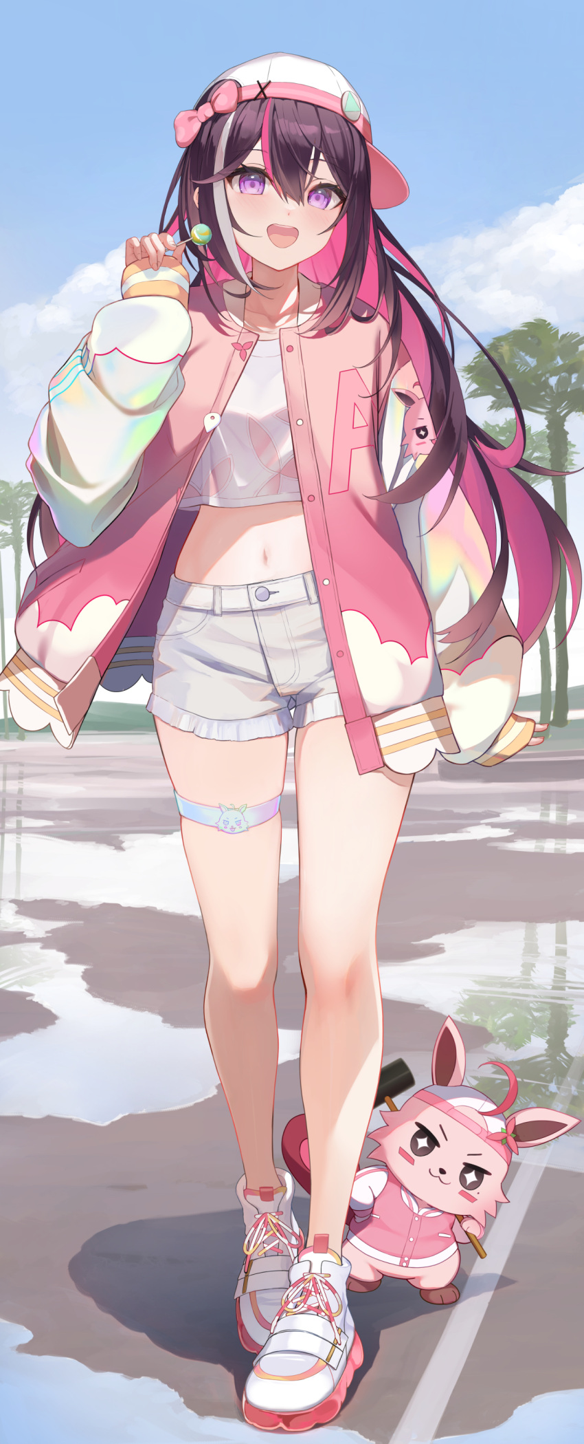 1girl absurdres azki_(hololive) baseball_cap blush brown_hair candy cattiva character_print colored_inner_hair cowengium crop_top crop_top_overhang cross-laced_footwear day food full_body grey_shorts hair_between_eyes hammer hand_up hat highres holding holding_candy holding_food holding_hammer holding_lollipop jacket lollipop long_hair long_sleeves midriff multicolored_hair navel open_clothes open_jacket open_mouth outdoors palworld pink_hair puddle purple_eyes shadow shoes shorts sky sleeves_past_wrists sneakers solo standing streaked_hair teeth thigh_strap tree upper_teeth_only virtual_youtuber water_drop white_hair
