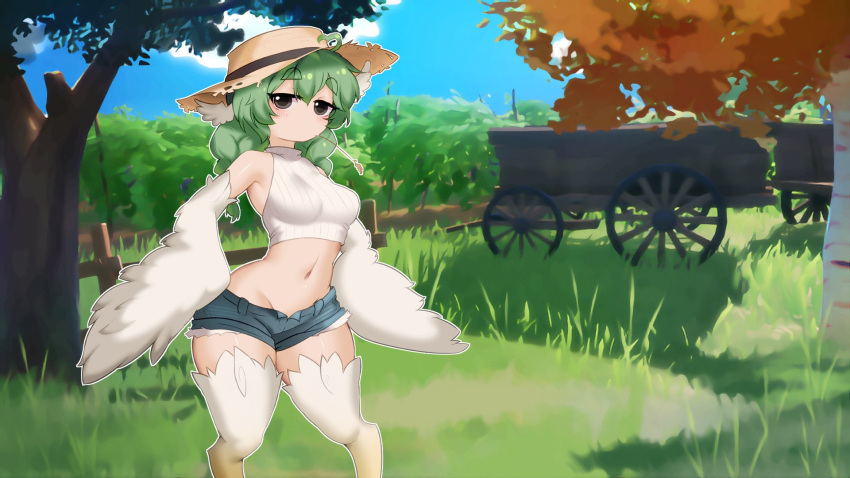 1girl bare_shoulders birb_(niniidawns) bird_legs blush borrowed_character braid breasts brown_eyes crop_top denim denim_shorts english_commentary feathered_wings feathers green_hair hair_between_eyes harpy hat highres long_hair looking_at_viewer medium_breasts monster_girl mouth_hold navel niniidawns open_fly original outdoors short_shorts shorts sleeveless solo stalk_in_mouth straw_hat turtleneck twibli1 twin_braids wagon white_feathers white_wings wide_hips wing_ears winged_arms wings
