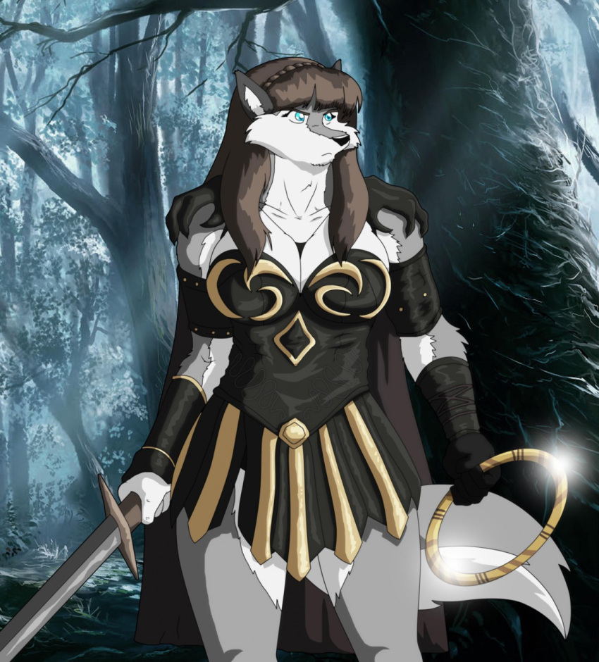 2015 anthro big_breasts blue_eyes breasts brown_hair canid canine canis chakram clothed clothing cosplay digital_media_(artwork) female fur hair hi_res mammal melee_weapon multicolored_body multicolored_fur solo sophia_(xxsparcoxx) sword two_tone_body two_tone_fur weapon wolf xena xena_warrior_princess xxsparcoxx