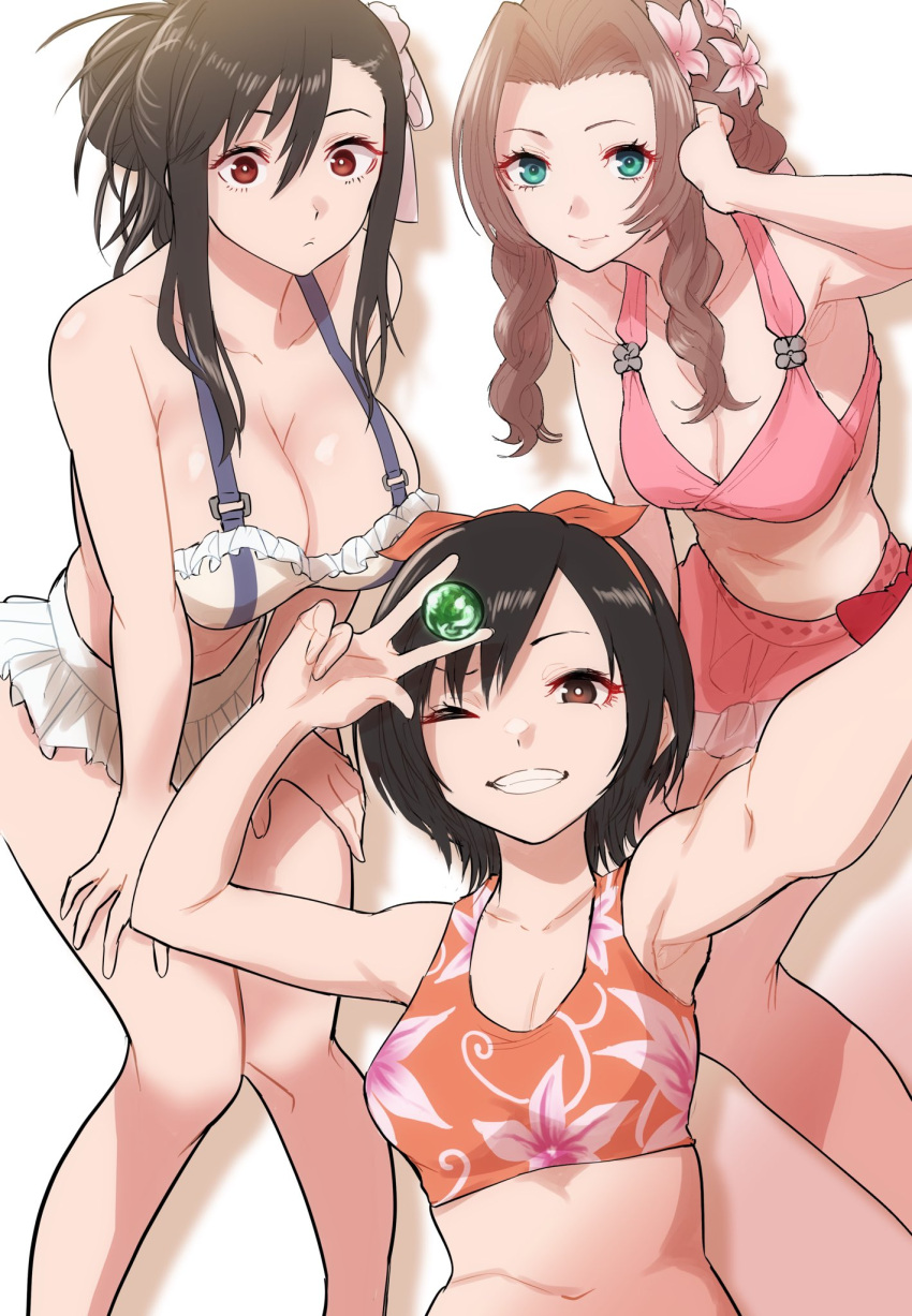 3girls aerith_gainsborough bare_legs bikini bikini_skirt black_hair breasts brown_eyes brown_hair final_fantasy final_fantasy_vii final_fantasy_vii_rebirth final_fantasy_vii_remake floral_print_bikini flower frilled_bikini frills green_eyes hair_flower hair_ornament hands_on_own_thighs highres knees_together_feet_apart kurosususu large_breasts leaning_forward materia medium_breasts multiple_girls official_alternate_costume official_alternate_hairstyle pink_bikini selfie smile swimsuit tifa_lockhart yuffie_kisaragi