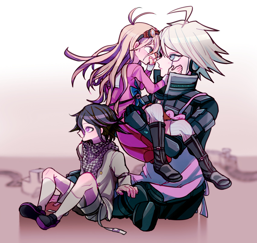 1girl 2boys ahoge android apron blonde_hair blue_eyes boots buttons checkered_scarf child danganronpa goggles goggles_on_head group hands happy iruma_miu keebo long_hair matching_hair/eyes mecha multiple_boys new_danganronpa_v3 ouma_kokichi pink_shirt power_frame purple_eyes purple_hair rio_grande_kawa robot scarf school_uniform serafuku shirt shoes short_hair shorts silver_hair skirt socks straitjacket trio uniform white_shirt