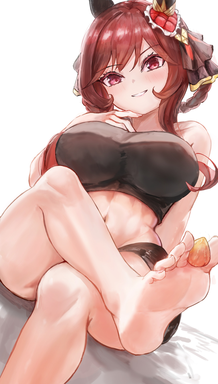 1girl absurdres animal_ears bare_shoulders bike_shorts black_shorts black_sports_bra blush chestnut commentary_request ear_covers ear_ornament feet foot_focus foot_out_of_frame gentildonna_(umamusume) grin highres holding_with_feet horse_ears horse_girl long_hair navel red_eyes shorts smile soles solo sports_bra toes umamusume white_background x_1031_xter