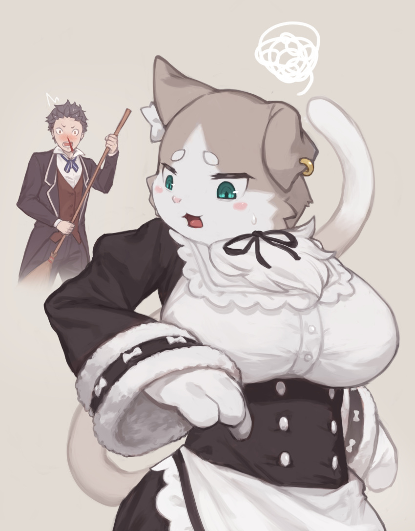 anthro biped blood blush bodily_fluids breasts clothed clothing duo felid feline felis female fur green_eyes grey_body grey_fur hi_res human male mammal nosebleed puck_(re:zero) re:zero white_body white_fur xux_(artist)