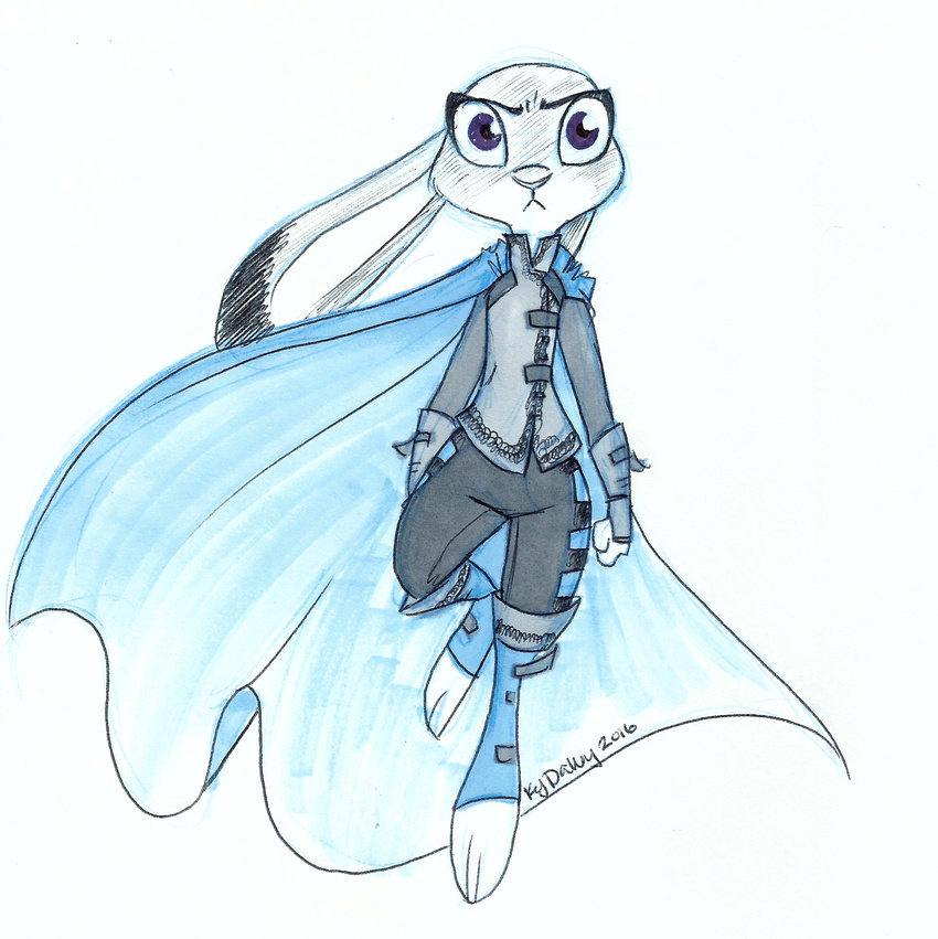 2016 3_toes anthro cape clothed clothing dipstick_ears disney female hi_res judy_hopps ky-jane lagomorph looking_at_viewer mammal purple_eyes rabbit serious signature simple_background solo superhero toes traditional_media_(artwork) white_background zootopia