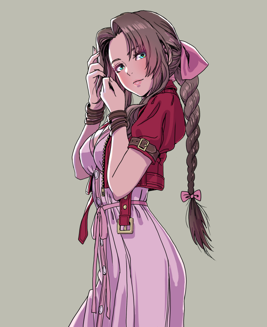 1girl absurdres adjusting_hair aerith_gainsborough bow bracelet braid braided_ponytail breasts brown_hair cleavage commentary_request cropped_jacket dress final_fantasy final_fantasy_vii final_fantasy_vii_remake green_eyes grey_background hair_bow highres jacket jewelry looking_at_viewer pink_dress red_jacket simple_background smile solo upper_body yamashita_shun'ya