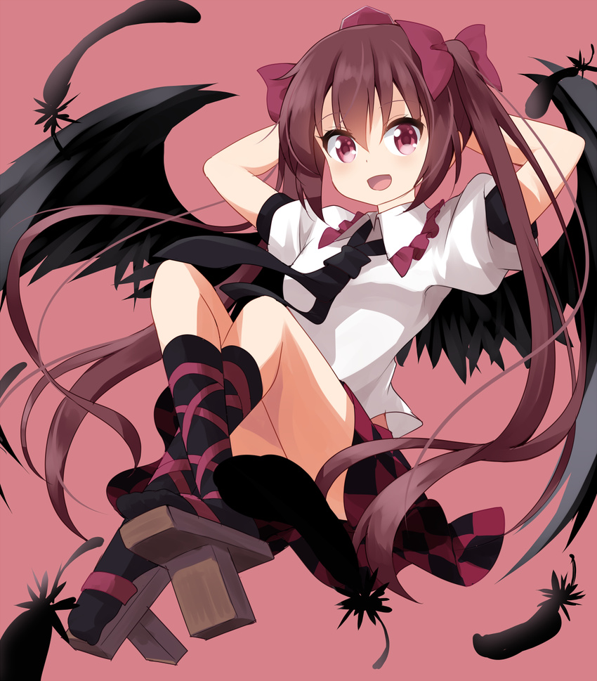 arms_behind_head bird_wings black_feathers black_legwear black_neckwear black_wings blush bow breasts brown_hair checkered checkered_skirt commentary_request crossed_legs feathered_wings frilled_shirt_collar frills full_body geta hair_between_eyes hair_bow hat highres himekaidou_hatate long_hair looking_at_viewer necktie pointy_ears puffy_short_sleeves puffy_sleeves purple_eyes ruu_(tksymkw) shirt short_sleeves skirt small_breasts smile socks solo tengu-geta tokin_hat touhou twintails very_long_hair white_shirt wings