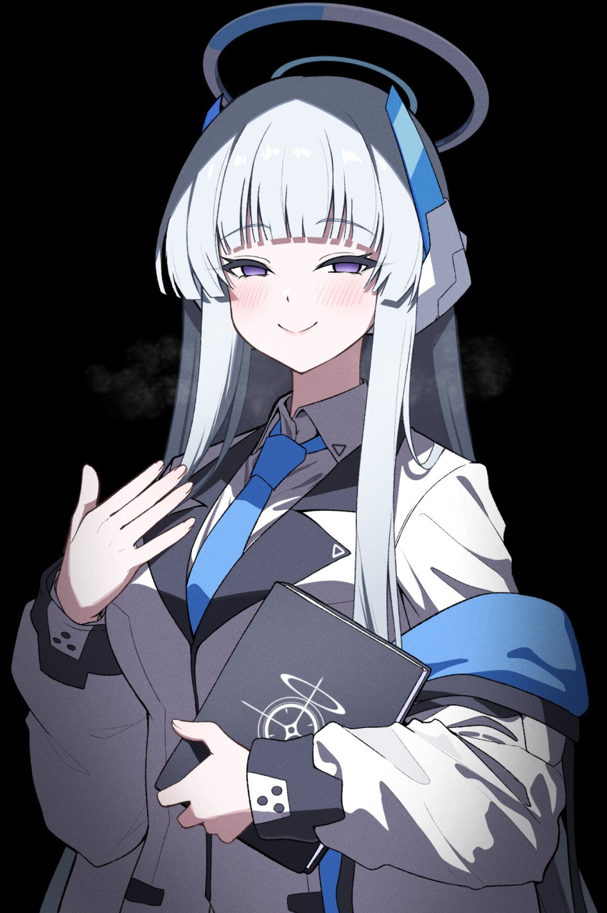 1girl black_background blazer blue_archive blue_jacket blue_necktie blush breasts closed_mouth collared_shirt half-closed_eyes halo hand_on_own_chest headphones highres holding holding_notebook hugging_object jacket large_breasts long_bangs long_hair long_sleeves looking_at_viewer mechanical_halo necktie noa_(blue_archive) notebook off_shoulder open_clothes open_jacket purple_eyes reia_76 shirt sidelocks simple_background smile solo straight_hair two-sided_fabric two-sided_jacket upper_body white_hair white_jacket white_shirt