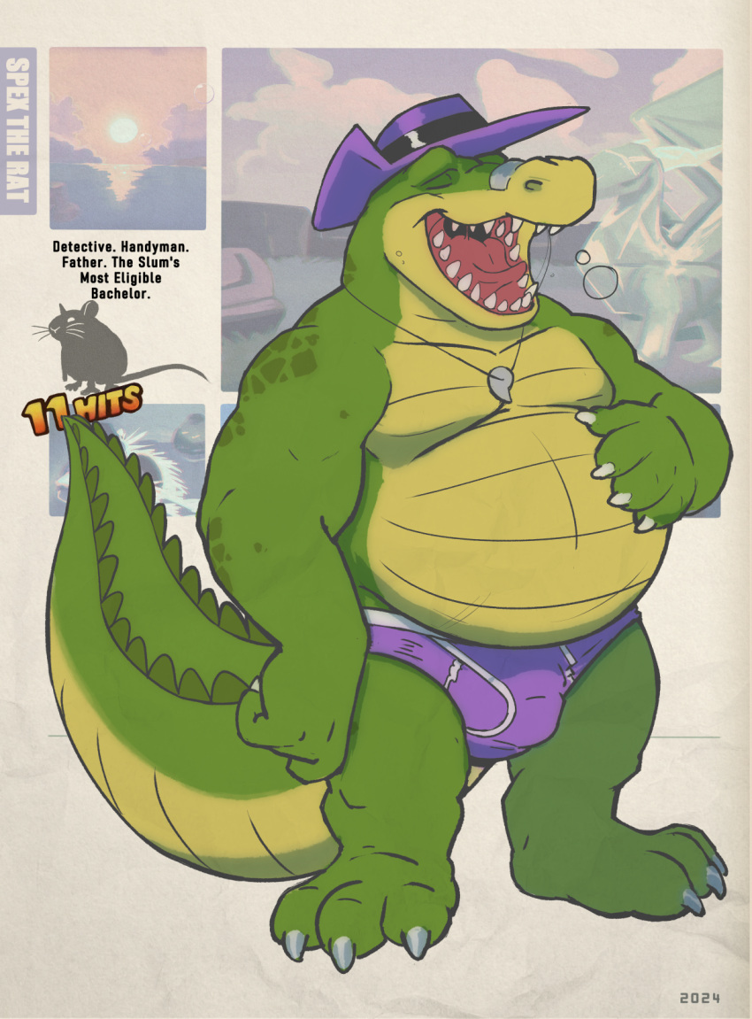 2024 3_toes 4_fingers alligator alligatorid anthro belly brok_(brok_the_investigator) brok_the_investigator bulge burping clothing crocodilian feet fingers green_body hat headgear headwear hi_res male moobs open_mouth overweight overweight_male reptile scalie solo spectral-bat toes underwear