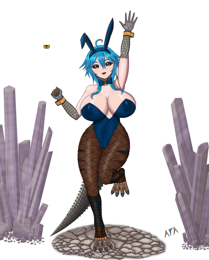 absurd_res ahoge animal_humanoid animal_tail atranar_inferno big_breasts black_sclera blue_clothing blue_hair blue_leotard breasts brown_body brown_clothing brown_legwear brown_scales bunny_costume capcom claws cleavage clothed clothing costume crystal cuffs_(clothing) dodogama eyelashes fake_ears fake_rabbit_ears fanged_wyvern female fishnet fishnet_legwear front_view grey_body grey_claws grey_scales hair hi_res huge_breasts humanoid legwear leotard lizard_humanoid looking_at_viewer monster_hunter navel on_one_leg open_mouth open_smile raised_arm reptile reptile_humanoid scales scalie scalie_humanoid short_hair simple_background smile solo standing stripes tail tailed_humanoid tan_body tan_skin thick_thighs tongue white_background wide_hips yellow_eyes yellow_tongue